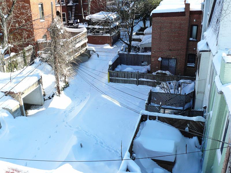 P1160248.JPG - At about 9:30 AM (2/11/10) the skys were clear and blue so  Win went on his roof to clear the ice.  This is a picture of the Northern alley behind Win's looking East.  The red brick bulding is Teng Siew's.  In the right foreground is where Kaisa, Eero and Pasi lived.